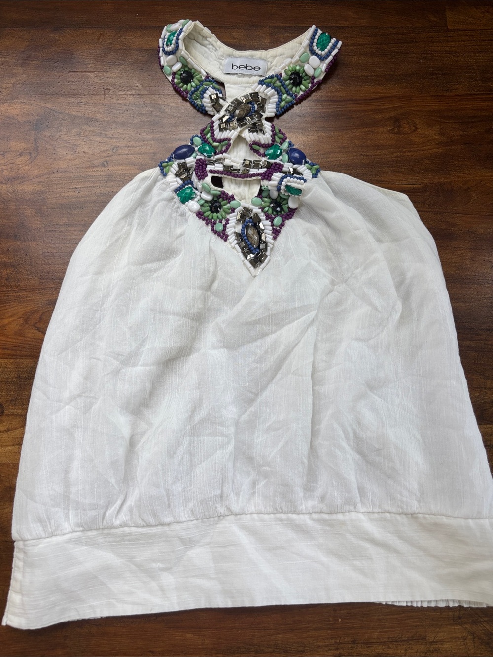 Vintage Bebe Y2K Silk Beaded Rhinestone Halter Top
